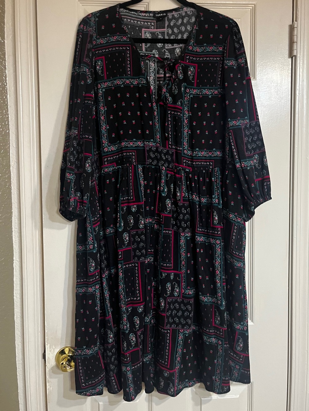torrid Black Paisley Patchwork Midi Dress with Pink & Teal Accents